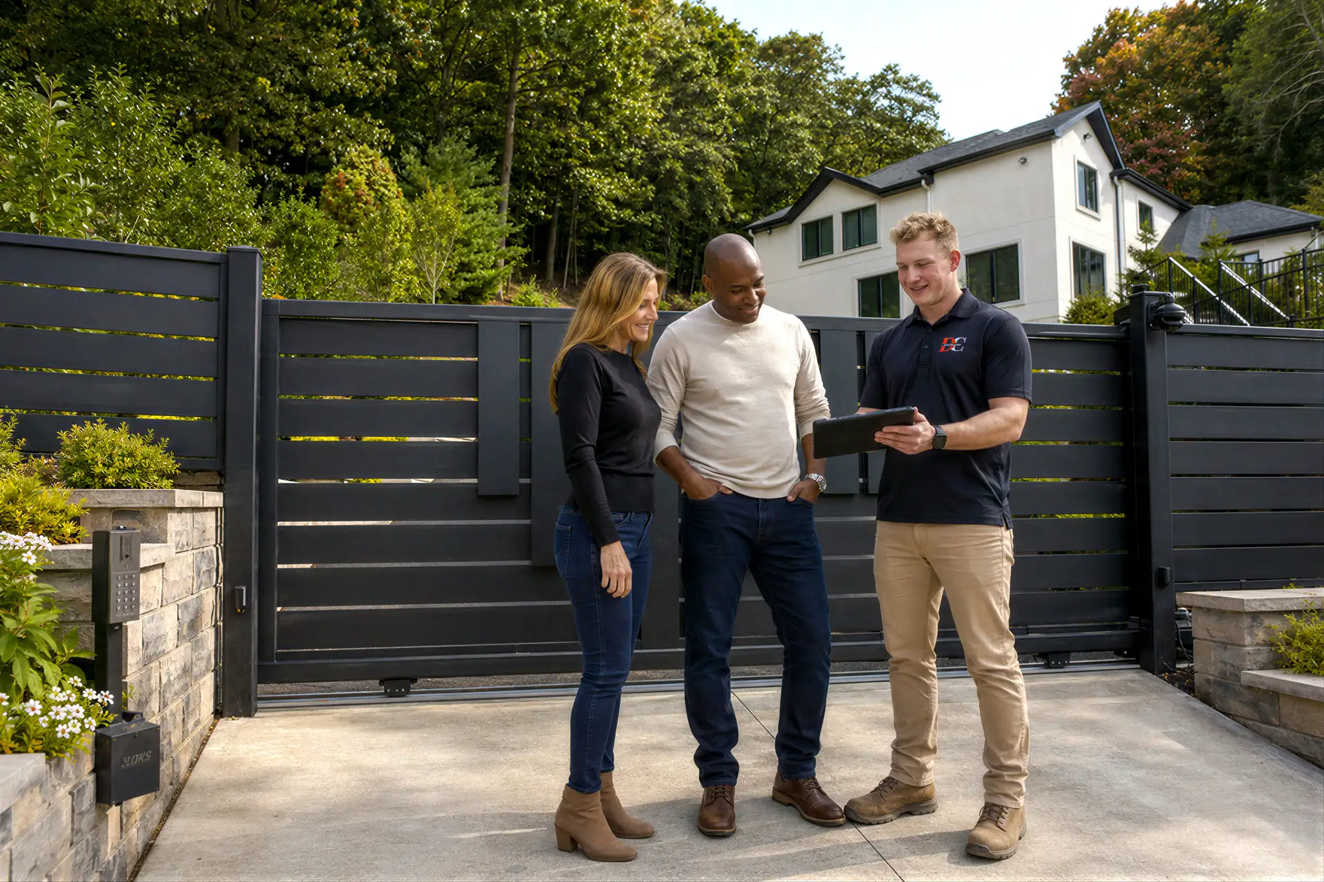 DC Controls technician walking homeowners through a modern automated driveway gate